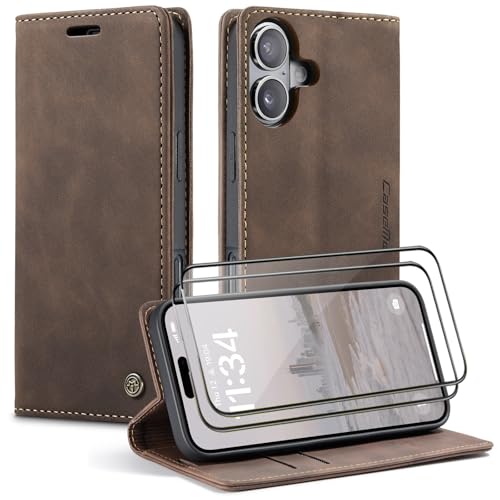 CaseMe Handyhülle für iPhone 16 Plus Hülle +2 Stück Panzerglas Schutzfolie, Premium Leder Brieftasche Schutzhülle [Kartenfach][Stand], Kaffee von WenBaby