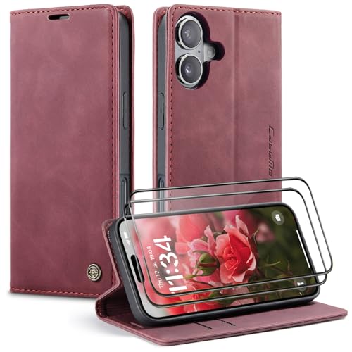 CaseMe Handyhülle für iPhone 16 Plus Hülle +2 Stück Panzerglas Schutzfolie, Premium Leder Brieftasche Schutzhülle [Kartenfach][Stand], Rot von WenBaby