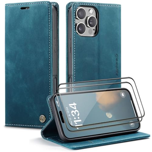 CaseMe Handyhülle für iPhone 16 Pro Max Hülle +2 Stück Panzerglas Schutzfolie, Premium Leder Brieftasche Schutzhülle [Kartenfach][Stand], Blaugrün von WenBaby