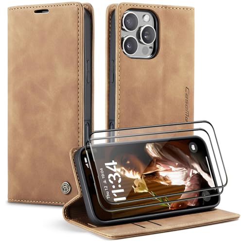 CaseMe Handyhülle für iPhone 16 Pro Max Hülle +2 Stück Panzerglas Schutzfolie, Premium Leder Brieftasche Schutzhülle [Kartenfach][Stand], Braun von WenBaby