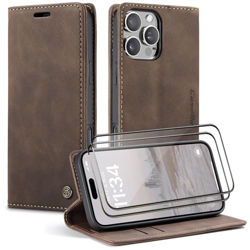 CaseMe Handyhülle für iPhone 16 Pro Max Hülle +2 Stück Panzerglas Schutzfolie, Premium Leder Brieftasche Schutzhülle [Kartenfach][Stand], Kaffee von WenBaby