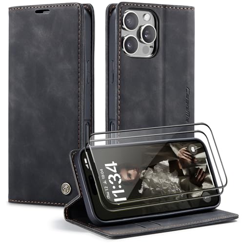 CaseMe Handyhülle für iPhone 16 Pro Max Hülle +2 Stück Panzerglas Schutzfolie, Premium Leder Brieftasche Schutzhülle [Kartenfach][Stand], Schwarz von WenBaby