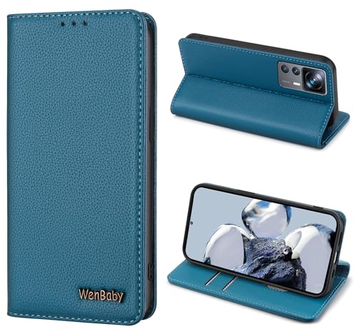 Handyhülle für Xiaomi Mi 12T/Xiaomi Mi 12T Pro Hülle Echtes Leder,WenBaby [Kartenfach] [Magnet] [Standfunktion] [RFID Blocker] Stoßfest Schutzhülle TPU Wallet Lederhülle,Blau von WenBaby