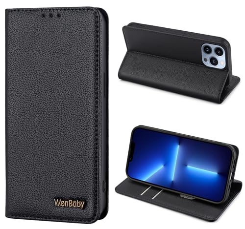 Handyhülle für iPhone 13 Pro Hülle Echtes Leder,WenBaby [Kartenfach] [Magnet] [Standfunktion] [RFID Blocker] Stoßfest Schutzhülle TPU Wallet Lederhülle - Schwarz von WenBaby