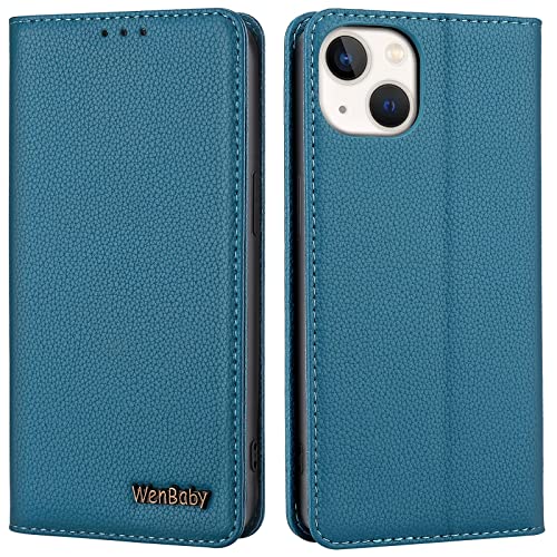 Handyhülle für iPhone 14/iPhone 13 Hülle Echtes Leder,WenBaby [Kartenfach] [Magnet] [Standfunktion] [RFID Blocker] Stoßfest Schutzhülle TPU Wallet Lederhülle,Blau von WenBaby