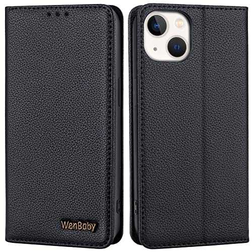 Handyhülle für iPhone 14/iPhone 13 Hülle Echtes Leder,WenBaby [Kartenfach] [Magnet] [Standfunktion] [RFID Blocker] Stoßfest Schutzhülle TPU Wallet Lederhülle - Schwarz von WenBaby