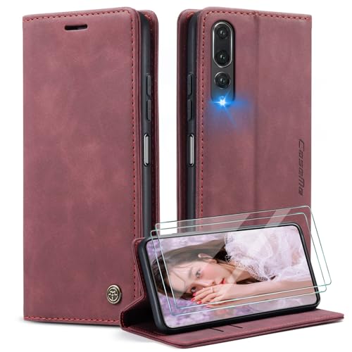 WenBaby CaseMe Handyhülle für Huawei P20 PRO Hülle +2 Stück Panzerglas Schutzfolie, Premium Leder Brieftasche Schutzhülle [Kartenfach][Stand] für Huawei P20 PRO, Rot von WenBaby