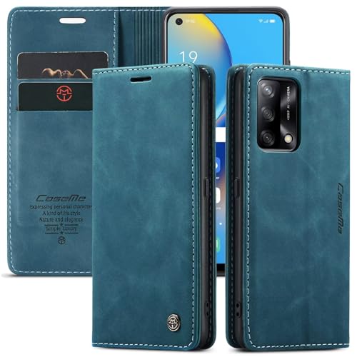 WenBaby CaseMe Handyhülle für Oppo F19S/A74 4G/A95 4G Hülle +2 Stück Panzerglas Schutzfolie, Premium Leder Brieftasche Schutzhülle [Kartenfach][Stand] für Oppo A74 4G, Blaugrün von WenBaby