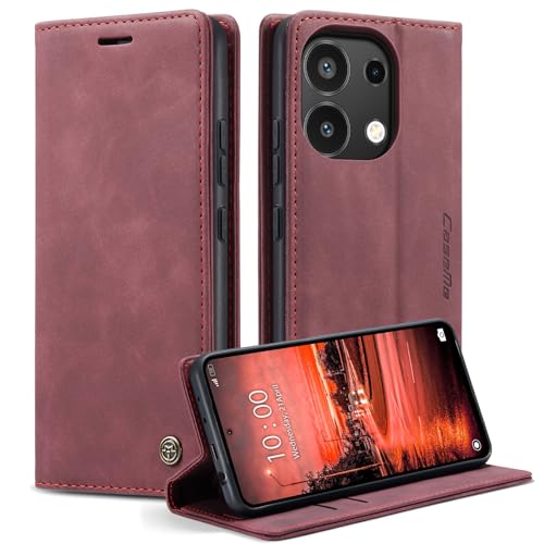 CaseMe Handyhülle für Xiaomi Redmi Note 13 4G Hülle +2 Stück Panzerglas Schutzfolie, Premium Leder Brieftasche Schutzhülle [Kartenfach][Stand] für Xiaomi Redmi Note 13 4G, Rot von WenBaby