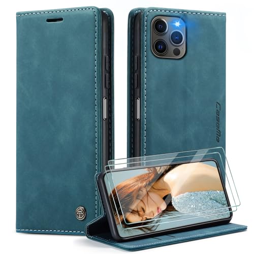 WenBaby CaseMe Handyhülle für iPhone 15 Pro Max Hülle +2 Stück Panzerglas Schutzfolie, Premium Leder Brieftasche Schutzhülle [Kartenfach][Stand] für iPhone 15 Pro Max, Blaugrün von WenBaby