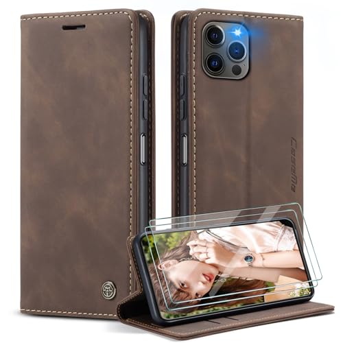 WenBaby CaseMe Handyhülle für iPhone 15 Pro Max Hülle +2 Stück Panzerglas Schutzfolie, Premium Leder Brieftasche Schutzhülle [Kartenfach][Stand] für iPhone 15 Pro Max, Kaffee von WenBaby