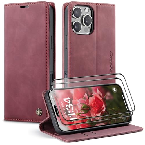 WenBaby CaseMe Handyhülle für iPhone 16 Pro Hülle +2 Stück Panzerglas Schutzfolie, Premium Leder Brieftasche Schutzhülle [Kartenfach][Stand], Rot von WenBaby