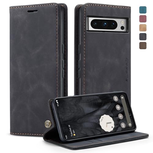 WenBaby CaseMe Hülle für Google Pixel 8 Vintage Dünne Handyhülle mit Kartenfach Geld Slot Ständer PU Ledertasche Flip Schutzhülle für Google Pixel 8- Schwarz von WenBaby