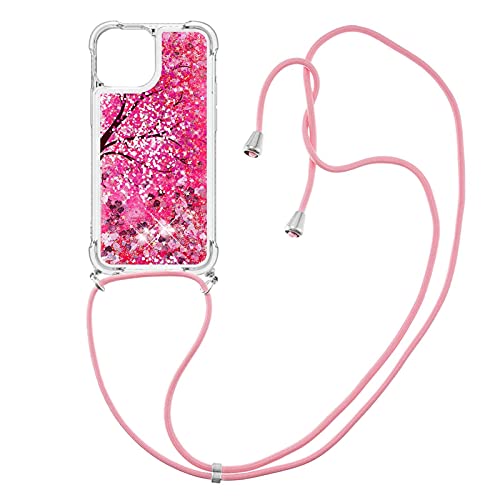 WenBaby Handykette Handyhülle für iPhone 13 Mini, Glitzer Flüssig Bewegende Treibsand Silikon Case mit Kordel zum Umhängen Necklace Hülle Band für iPhone 13 Mini, Kirschblüten von WenBaby