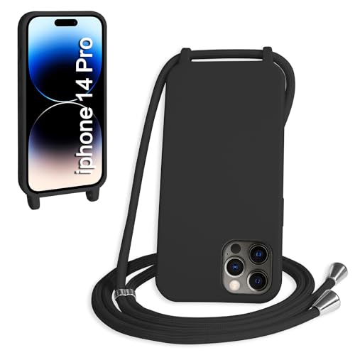 WenBaby Handykette für iPhone 14 Pro Hülle mit Band,Handyhülle mit Schnur zum Umhängen Silikon Seil Necklace Schutzhülle mit Kordel Tasche Case TPU Bumper für iPhone 14 Pro- Schwarz von WenBaby