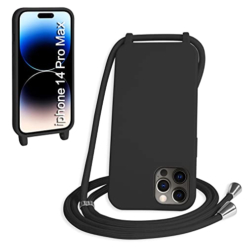 WenBaby Handykette für iPhone 14 Pro Max Hülle mit Band,Handyhülle mit Schnur zum Umhängen Silikon Seil Necklace Schutzhülle mit Kordel Tasche Case TPU Bumper für iPhone 14 Pro Max- Schwarz von WenBaby