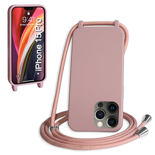 WenBaby Handykette für iPhone 15 Pro Hülle mit Band,Handyhülle mit Schnur zum Umhängen Silikon Seil Necklace Schutzhülle mit Kordel Tasche Case TPU Bumper für iPhone 15 Pro- Sandrosa von WenBaby