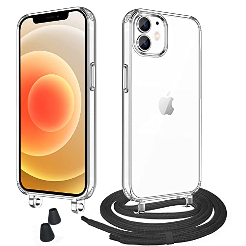 WenBaby Handykette mit Band für iPhone 12/12 Pro 6.1" Schutzhülle Necklace Hülle mit Band Handyhülle für zum Umhängen Transparent Case mit Schnur,Schwarz von WenBaby
