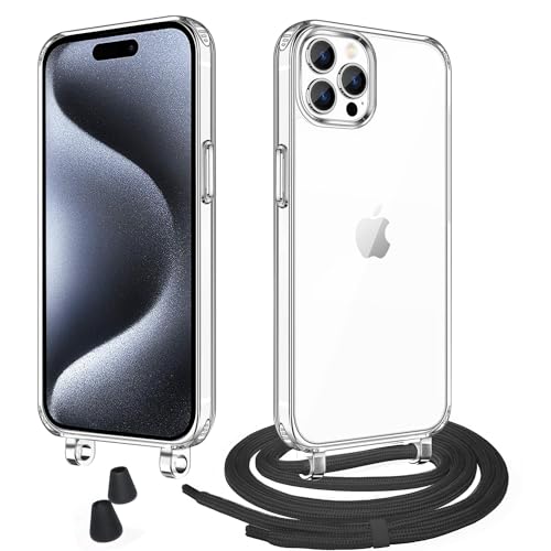 WenBaby Handykette mit Band für iPhone 15 Pro Max Schutzhülle Necklace Hülle mit Band Handyhülle für zum Umhängen Transparent Case mit Schnur,Schwarz von WenBaby