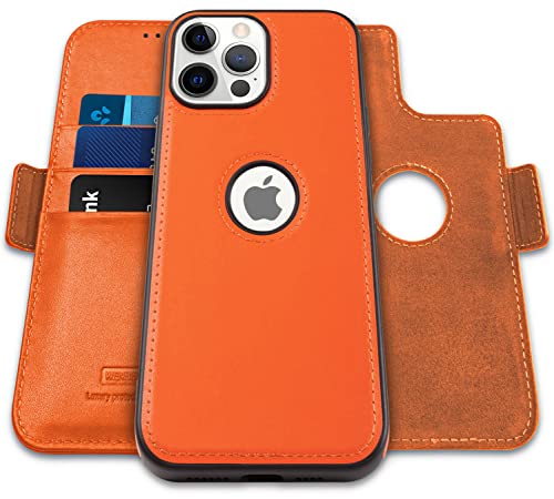 WenBelle Schutzhülle für iPhone 12 5G/für iPhone 12 Pro 5G (6,1 Zoll), 2-in-1 magnetisch, abnehmbar, TPU, stoßfest, echtes Leder, RFID-blockierender Schutz, Standfunktion, Klapphüllen (orange) von WenBelle
