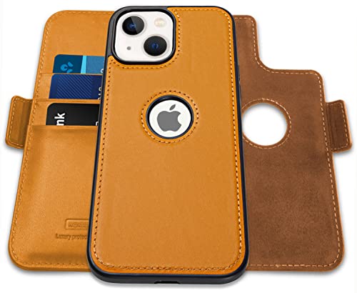 WenBelle Schutzhülle für iPhone 14 (6,1 Zoll), 2-in-1, magnetisch, abnehmbar, stoßfest, echtes Leder, RFID-blockierender Schutz, Ständer und Kartenfächer (gelb) von WenBelle
