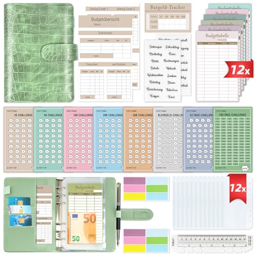 Budget Planner Deutsch - Bugetplaner Deutsch Startset mit 8 Sparchallenges - Finanzplaner Haushaltsbuch - Geld Organizer Sparbuch - Cash Stuffing - Budget Binder A6 Leder - Sparen mit Umschlagmethode von WenmthG