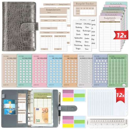 Budget Planner Deutsch - Bugetplaner Deutsch Startset mit 8 Sparchallenges - Finanzplaner Haushaltsbuch - Geld Organizer Sparbuch - Cash Stuffing - Budget Binder A6 Leder - Sparen mit Umschlagmethode von WenmthG
