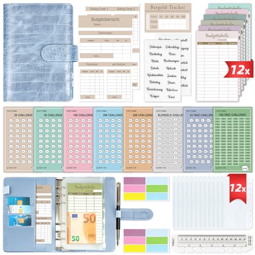 Budget Planner Deutsch - Bugetplaner Deutsch Startset mit 8 Sparchallenges - Finanzplaner Haushaltsbuch - Geld Organizer Sparbuch - Cash Stuffing - Budget Binder A6 Leder - Sparen mit Umschlagmethode von WenmthG