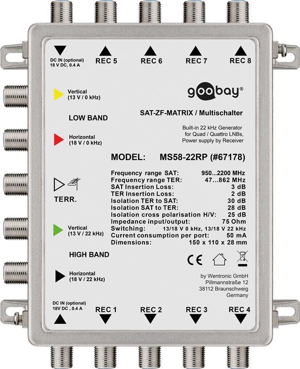 Goobay Passiver SAT Multischalter 5 Eingänge / 8 Ausgänge, Silber - Verteiler für max. 8 Teilnehmer von einem Satelliten (67178) von Wentronic