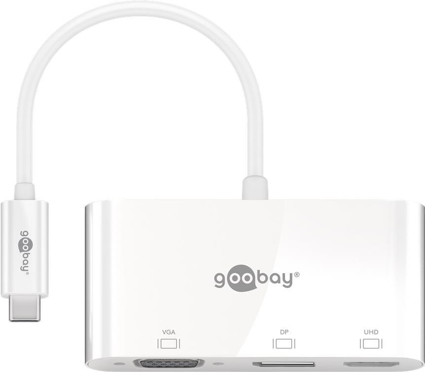 Goobay USB-C Multiport-Adapter VGA+DP+HDMI, 1 Stk. im Polybeutel, Weiß, 0.14 m - erweitert ein USB-C-Gerät um einen HDMI-, einen DisplayPort und einen VGA-Anschluss (52412) von Wentronic