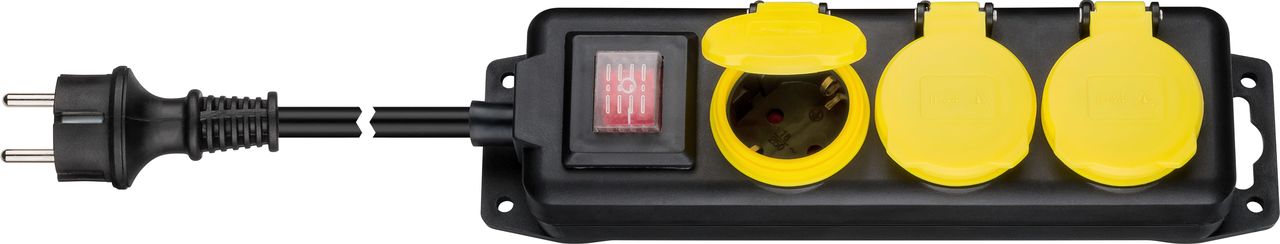 Wentronic Goobay Steckdosenleiste spritzwassergeschützt 3 m, 3x Schutzkontaktbuchse (Typ F, CEE 7/4), Schwarz-Gelb - 3x Schutzkontaktbuchse mit Schutzkappen, für den Außenbereich geeignet (45193) von Wentronic