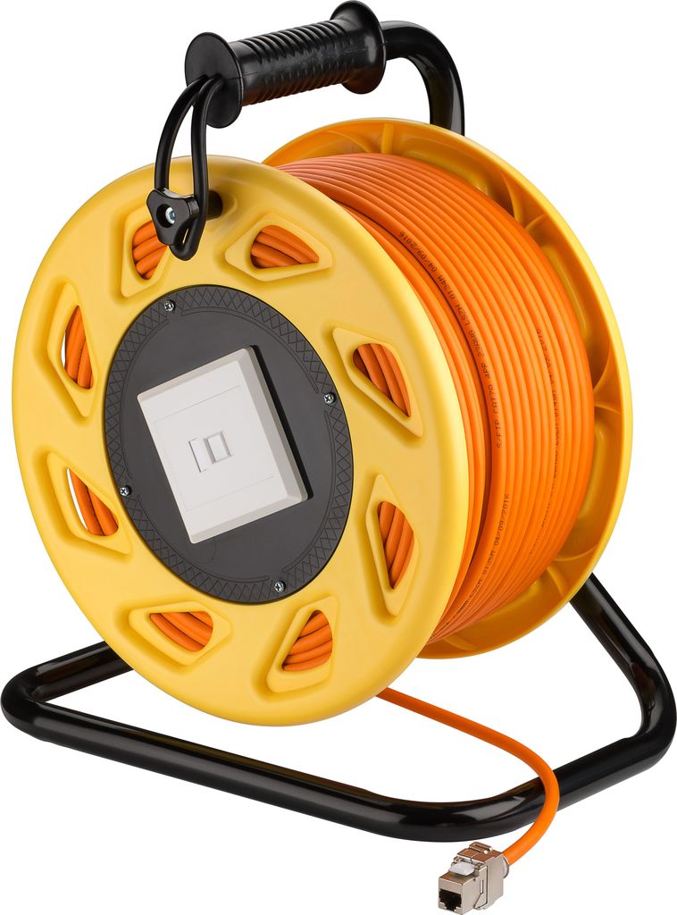 Wentronic Goobay mobile RJ45 Netzwerk Kabeltrommel, Orange, 90 m - hochwertig geschirmtes halogenfreiesCat.7 RohkabelA S/FTP (1200MHz) Installationskabel auf robuster Kabeltrommel (58938) von Wentronic