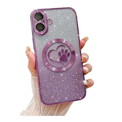 Weonmov Schutzhülle für iPhone 16, Glitzer, klar, Pfotenmotiv, Herz, kompatibel mit MagSafe, stark magnetisch, vollständiger Kameralinsenschutz, weich, dünn, niedlich, glitzernd, Violett Weonmov Schutzhülle für iPhone 16, Glitzer, klar, Pfotenmotiv, Herz, kompatibel mit MagSafe, stark magnetisch, vollständiger Kameralinsenschutz, weich, dünn, niedlich, glitzernd, Violett von Weonmov