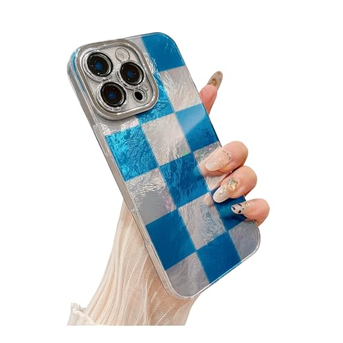 Weonmov Schutzhülle für iPhone 16 Pro, Glitzergitter, Schachbrettmuster für Damen und Mädchen, vollständiger Kameralinsenschutz, harte PC-Abdeckung, weiches TPU, stoßfest, 16 cm (6,3 Zoll), Blau von Weonmov
