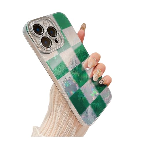 Weonmov Schutzhülle für iPhone 16 Pro, Glitzergitter, Schachbrettmuster für Damen und Mädchen, vollständiger Kameralinsenschutz, harte PC-Abdeckung, weiches TPU, stoßfest, 16 cm (6,3 Zoll), Grün von Weonmov