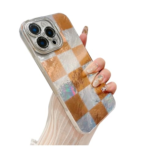 Weonmov Schutzhülle für iPhone 16 Pro, Glitzergitter, Schachbrettmuster für Damen und Mädchen, vollständiger Kameralinsenschutz, harte PC-Abdeckung, weiches TPU, stoßfest, 16 cm (6,3 Zoll), Braun von Weonmov