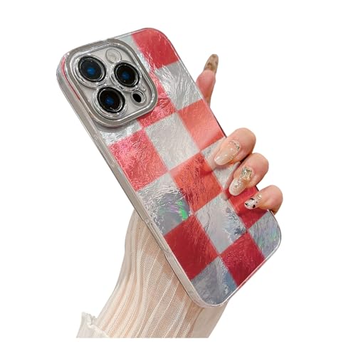 Weonmov Schutzhülle für iPhone 16 Pro, Glitzergitter, Schachbrettmuster für Damen und Mädchen, vollständiger Kameralinsenschutz, harte PC-Abdeckung, weiches TPU, stoßfest, 16 cm (6,3 Zoll), Rot von Weonmov