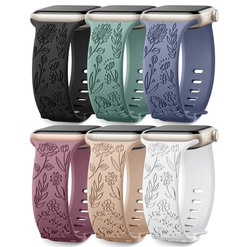 Wepro 6 Stück Floral Silikon Armband Kompatibel mit Apple Watch Armband 40mm 41mm 38mm Damen, Weiches Silikon Niedliches Muster Sport Armband für iWatch Armband Series 9 8 7 6 5 4 3 2 1 SE, Set E von Wepro