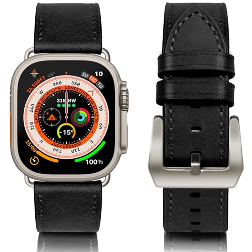 WestEagle Lederarmband Kompatibel mit Apple Watch Armband 49mm 45mm 44mm 42mm für Herren Damen, Echtes Leder Vintage Armband für iWatch Series Ultra SE 9 8 7 6 5 4 3 2 1 Schwarz/Titan von WestEagle