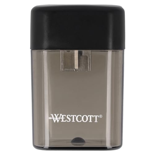 Westcott Anspitzer mit Behälter | Spitzer mit Dose für 8mm Bleistifte | Dosenspitzer mit Metalleinsatz und extrascharfer Edelstahlklinge | Bleistiftspitzer mit Auffangbehälter in Schwarz | E-744737 00 von Westcott