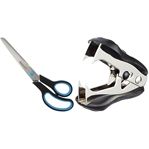 Westcott E-30293 00 Schere Easy Grip, rostfrei, gebogen, asymmetrisch, blau/schwarz, 24,7 cm / 9 Zoll & E-12001 00 Heftklammerentferner, schwarz von Westcott