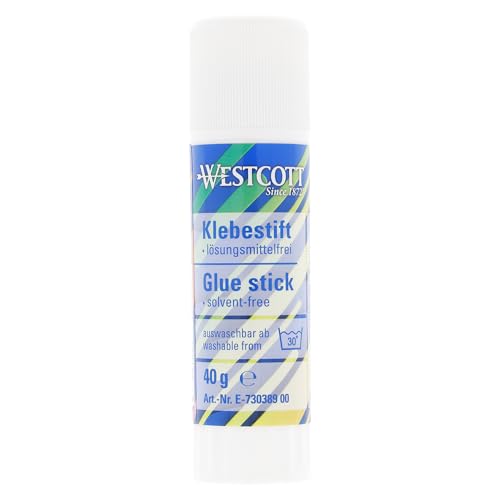 Westcott Klebestift 40g | Bastelkleber mit 2,5cm transparentem Klebestreifen | Klebt stark und dauerhaft | 100% lösungsmittelfrei | Bei 30° abwaschbar | E-730389 00 von Westcott