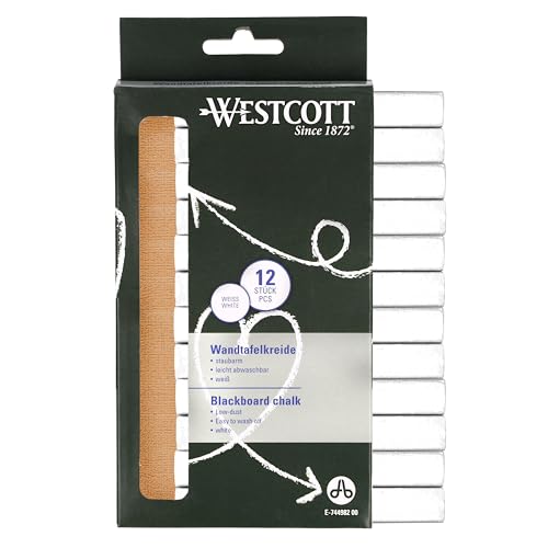 Westcott Kreide 12 Stück Weiss | 12er Pack Tafelkreide mit 1,2cm ⌀ in deckendem Weiss | staubarm & leicht abwischbar | 8,5cm lange Kreidestifte | E-744982 00 von Westcott