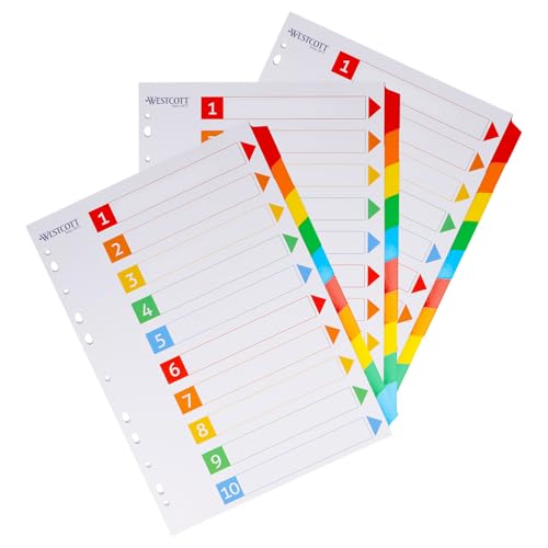 Westcott Register für Ordner A4 (3er-Set) | 3 x Trennblätter für Din A4 Ordner | 10 beschriftbare Tabs in 5 Farben als Ordner Organizer | Robuste 160g/m² mit Eurolochung | E-1733311 00 von Westcott
