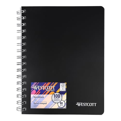 Westcott Spiralblock Notizbuch A5 kariert | 200 Seiten Ringbuch A5 perforiert mit Premium 80 g/m² Papier | Notizblock mit Spiralbindung | Collegeblock im stabilen Kunststoffcover | E-730891 00 von Westcott