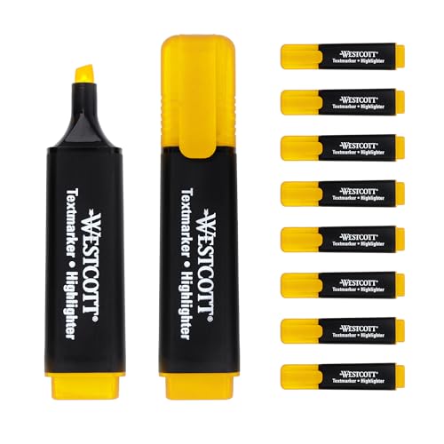 Westcott Textmarker 10 Stück gelb | 10er Pack Highlighter Marker in leuchtendem Gelb | 2-5 mm Strichstärke | Premium Tinte aus Deutschland | E-743687 00 von Westcott