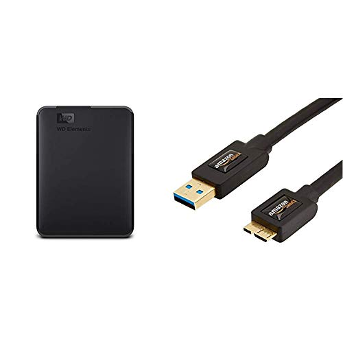 WD Elements Portable, Externe Festplatte - 2 TB - USB 3.0 - WDBU6Y0020BBK-WESN & Amazon Basics USB 3.0-Kabel (A-Stecker auf Micro-B-Stecker) 1,8 m (Abwärtskompatibilität zu USB 2.0 und 1.1) von Western Digital