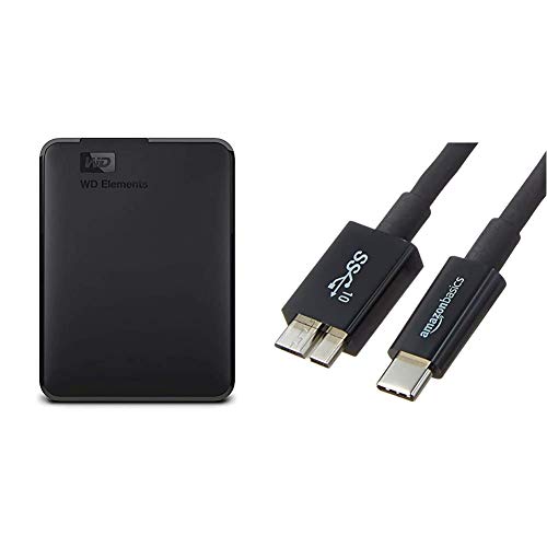 WD Elements Portable, Externe Festplatte - 2 TB - USB 3.0 - WDBU6Y0020BBK-WESN & Amazon Basics - Verbindungskabel, USB Typ C auf Micro-USB Typ B, USB 3.1, 2. Generation, 0,9 m, Schwarz von Western Digital