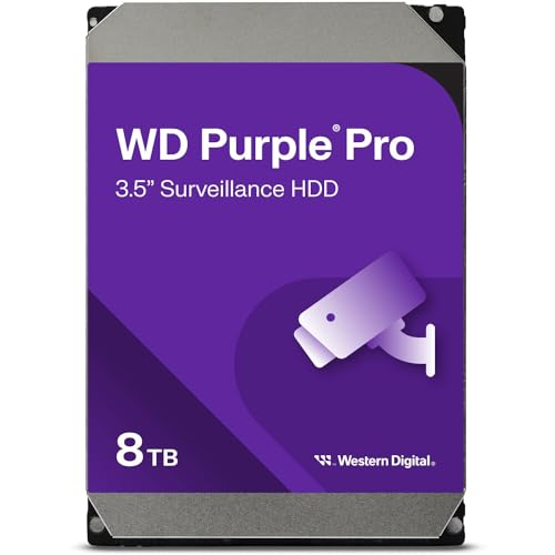 WD Purple Pro interne Festplatte 8 TB (3,5 Zoll, OptiNAND, 550 TB/Jahr Workload-Rate, 256 MB Cache, 7.200 U/min, bis zu 64 HD-Kameras, AllFrame KI-Technologie, 32 KI-Streams, für Dauerbetrieb) von Western Digital