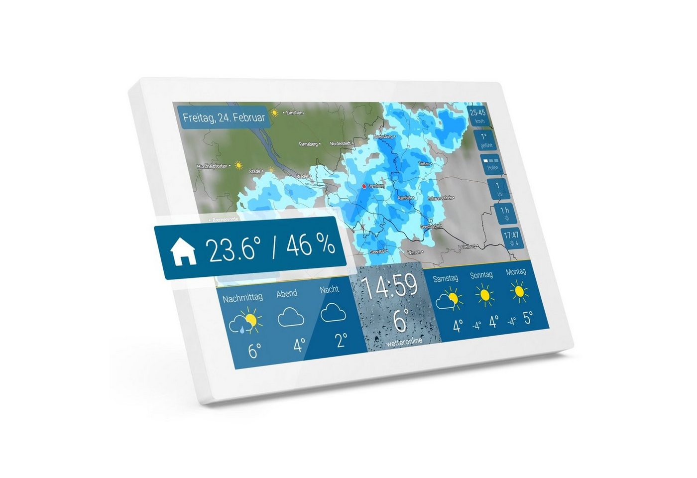 WetterOnline wetteronline home 3 – WetterDisplay mit WetterRadar – mit Innen-Sensor Wetterstation (inkl. Netzteil, USB-Kabel und Schnellstart-Anleitung, neuem Raumklima-Sensor und Premium-Wetterdaten von WetterOnline) von WetterOnline